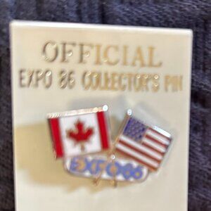 Never used!  1986 Expo Pin Canada USA Flags